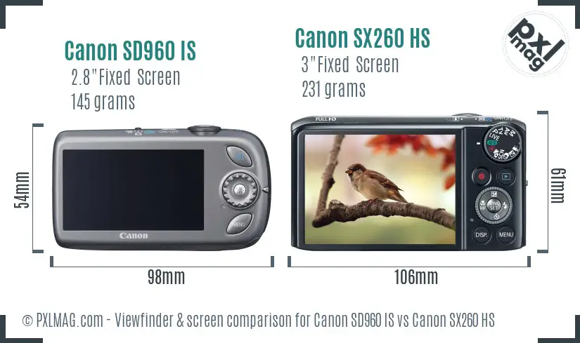 Canon SD960 IS vs Canon SX260 HS Screen and Viewfinder comparison