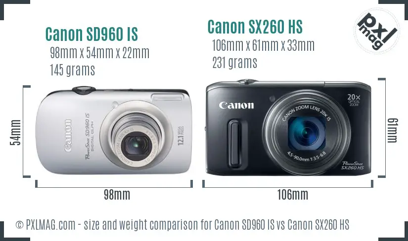 Canon SD960 IS vs Canon SX260 HS size comparison