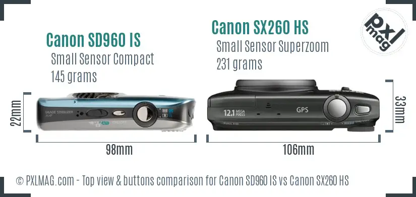 Canon SD960 IS vs Canon SX260 HS top view buttons comparison