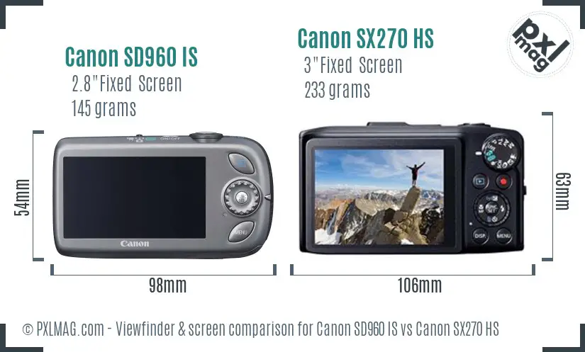 Canon SD960 IS vs Canon SX270 HS Screen and Viewfinder comparison