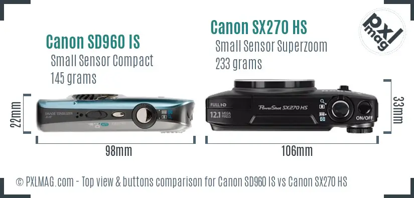 Canon SD960 IS vs Canon SX270 HS top view buttons comparison