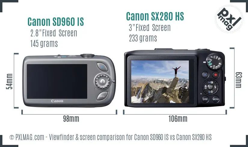 Canon SD960 IS vs Canon SX280 HS Screen and Viewfinder comparison