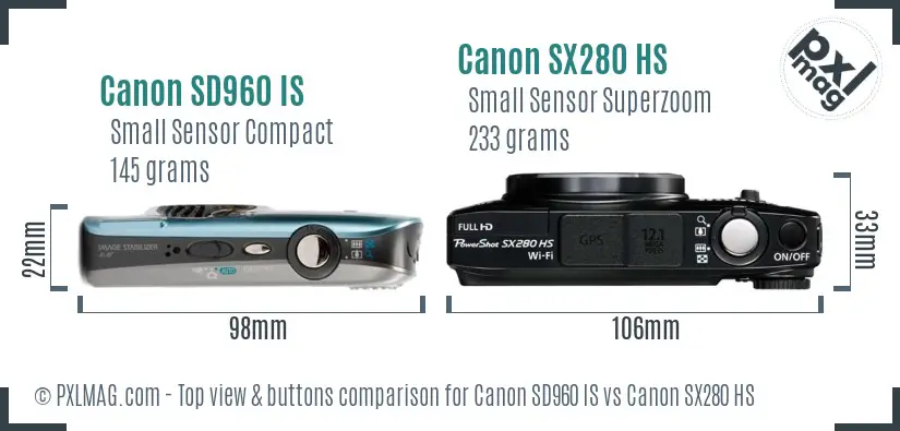 Canon SD960 IS vs Canon SX280 HS top view buttons comparison