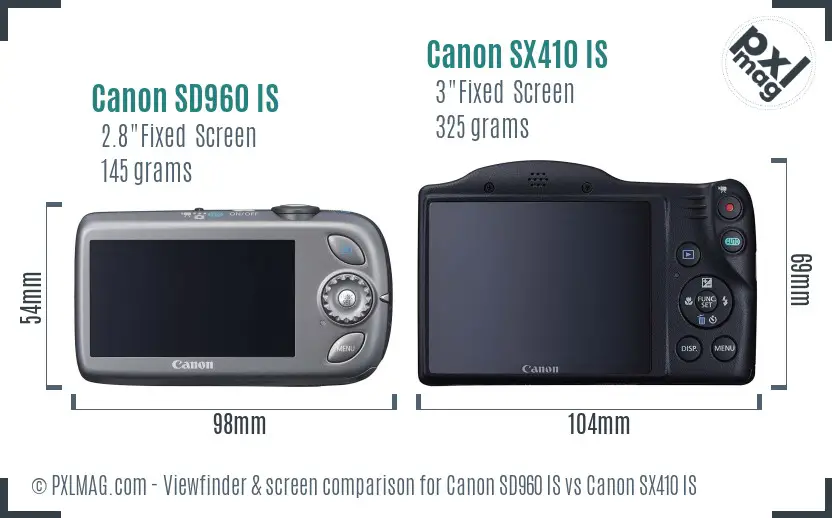 Canon SD960 IS vs Canon SX410 IS Screen and Viewfinder comparison