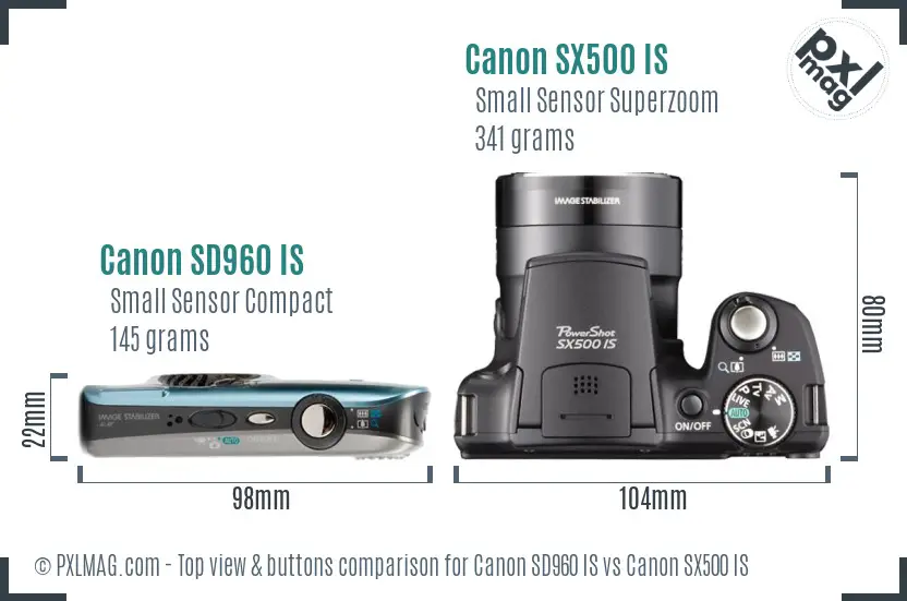 Canon SD960 IS vs Canon SX500 IS top view buttons comparison