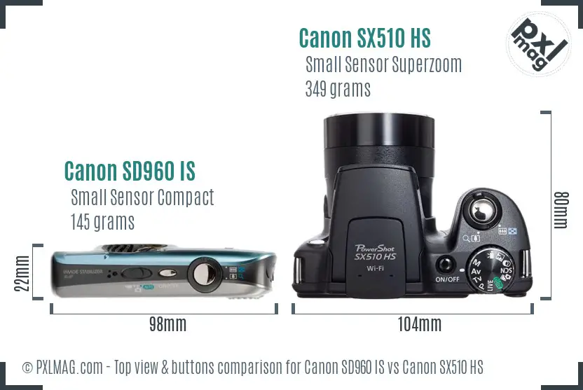 Canon SD960 IS vs Canon SX510 HS top view buttons comparison
