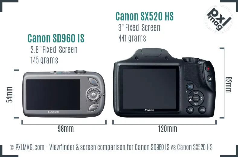 Canon SD960 IS vs Canon SX520 HS Screen and Viewfinder comparison