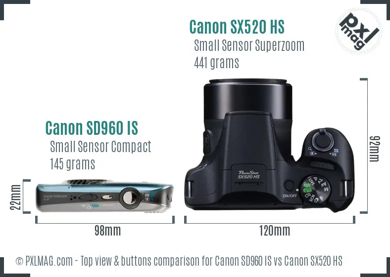 Canon SD960 IS vs Canon SX520 HS top view buttons comparison