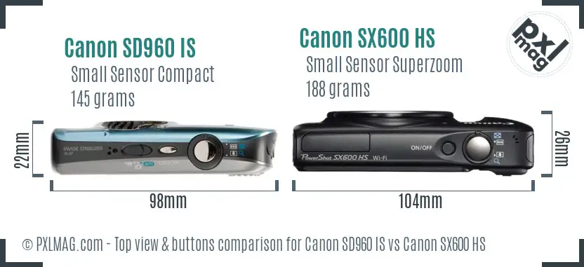 Canon SD960 IS vs Canon SX600 HS top view buttons comparison