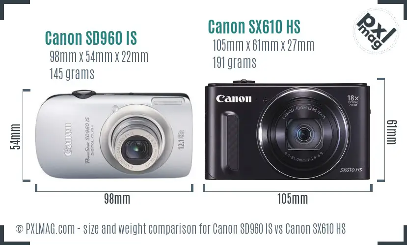 Canon SD960 IS vs Canon SX610 HS size comparison