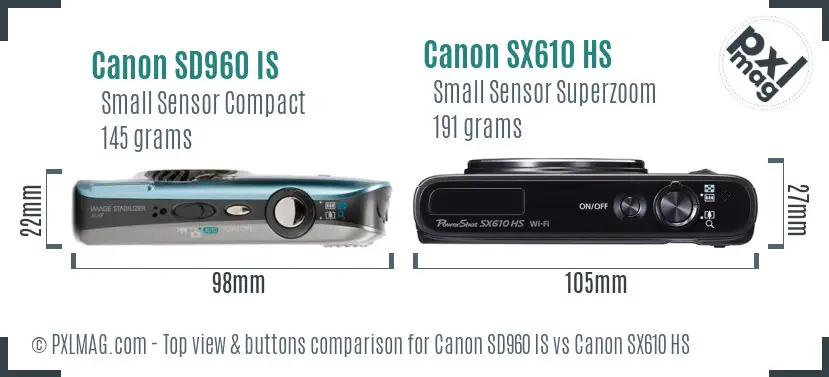 Canon SD960 IS vs Canon SX610 HS top view buttons comparison