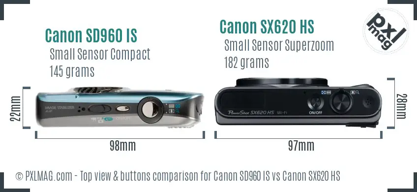 Canon SD960 IS vs Canon SX620 HS top view buttons comparison