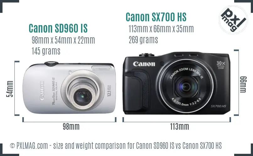 Canon SD960 IS vs Canon SX700 HS size comparison