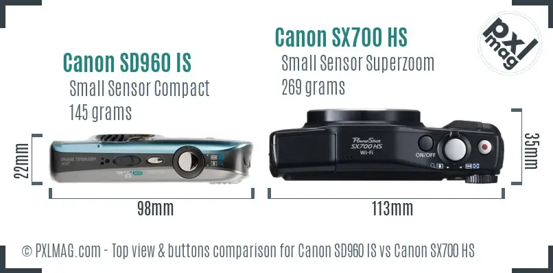 Canon SD960 IS vs Canon SX700 HS top view buttons comparison