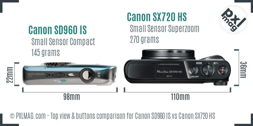Canon SD960 IS vs Canon SX720 HS top view buttons comparison