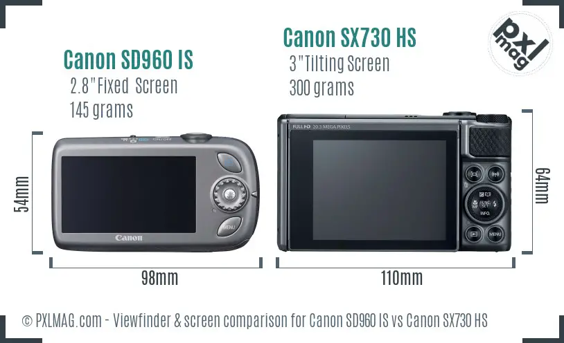 Canon SD960 IS vs Canon SX730 HS Screen and Viewfinder comparison