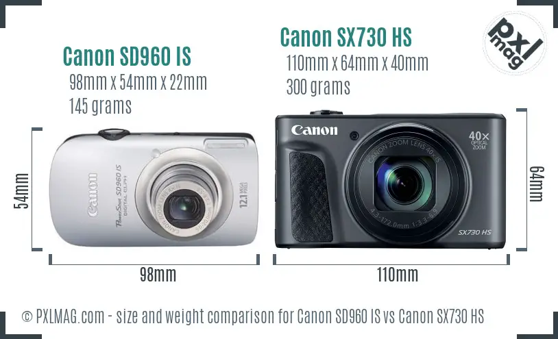 Canon SD960 IS vs Canon SX730 HS size comparison