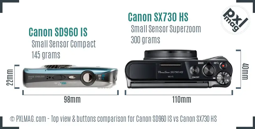 Canon SD960 IS vs Canon SX730 HS top view buttons comparison
