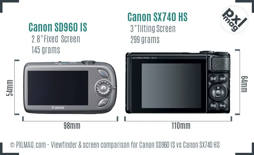 Canon SD960 IS vs Canon SX740 HS Screen and Viewfinder comparison
