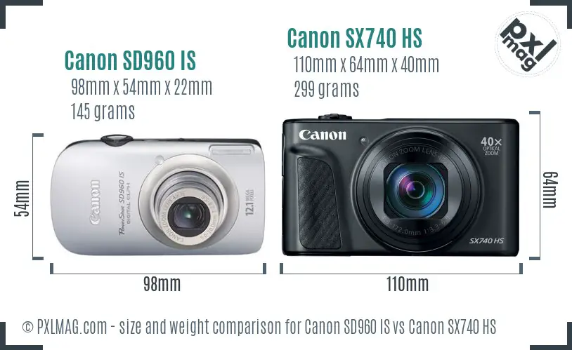 Canon SD960 IS vs Canon SX740 HS size comparison