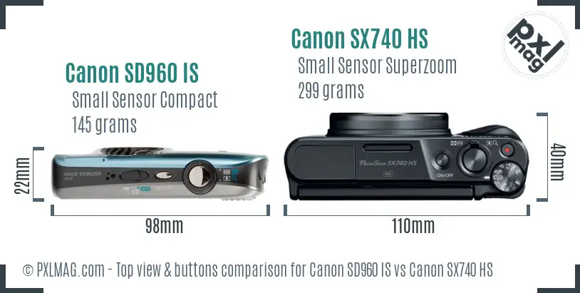 Canon SD960 IS vs Canon SX740 HS top view buttons comparison