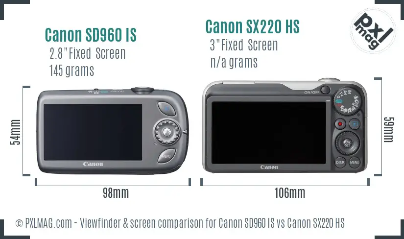 Canon SD960 IS vs Canon SX220 HS Screen and Viewfinder comparison