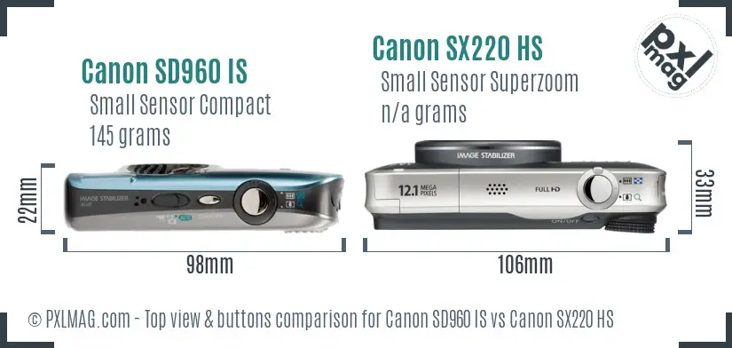 Canon SD960 IS vs Canon SX220 HS top view buttons comparison