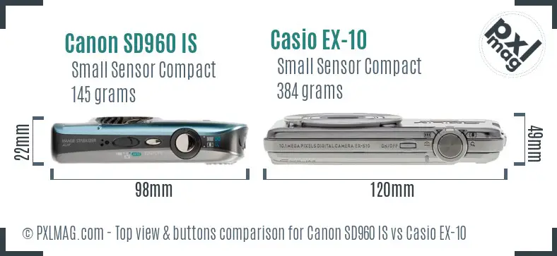 Canon SD960 IS vs Casio EX-10 top view buttons comparison