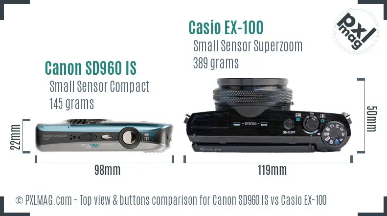 Canon SD960 IS vs Casio EX-100 top view buttons comparison Canon SD960 IS vs Casio EX-100 top view buttons comparison