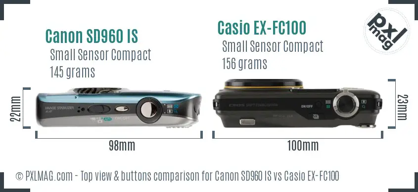 Canon SD960 IS vs Casio EX-FC100 top view buttons comparison