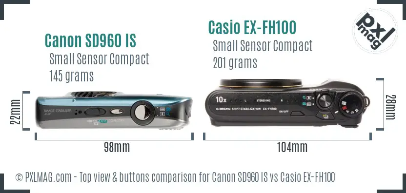 Canon SD960 IS vs Casio EX-FH100 top view buttons comparison