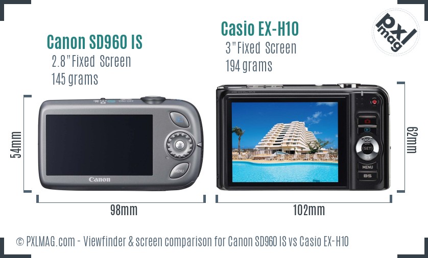 Canon SD960 IS vs Casio EX-H10 Screen and Viewfinder comparison