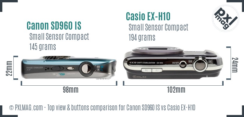 Canon SD960 IS vs Casio EX-H10 top view buttons comparison