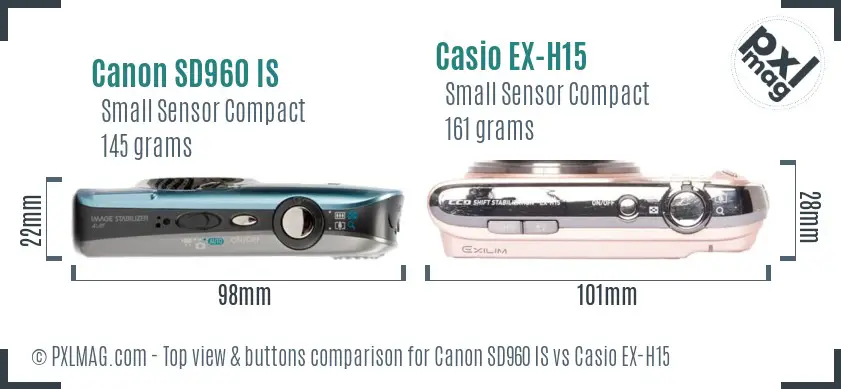 Canon SD960 IS vs Casio EX-H15 top view buttons comparison