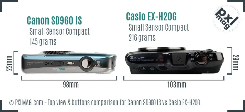 Canon SD960 IS vs Casio EX-H20G top view buttons comparison
