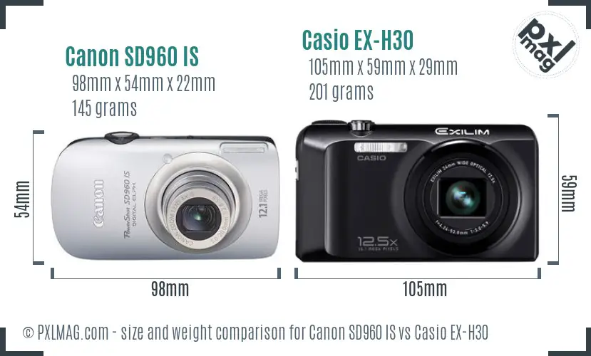 Canon SD960 IS vs Casio EX-H30 size comparison