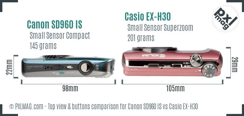 Canon SD960 IS vs Casio EX-H30 top view buttons comparison