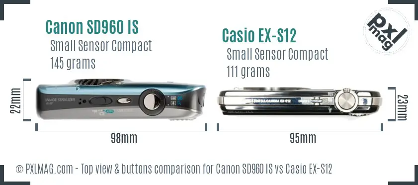 Canon SD960 IS vs Casio EX-S12 top view buttons comparison Canon SD960 IS vs Casio EX-S12 top view buttons comparison