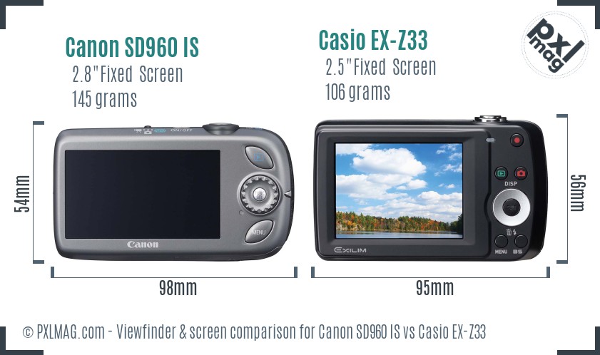 Canon SD960 IS vs Casio EX-Z33 Screen and Viewfinder comparison