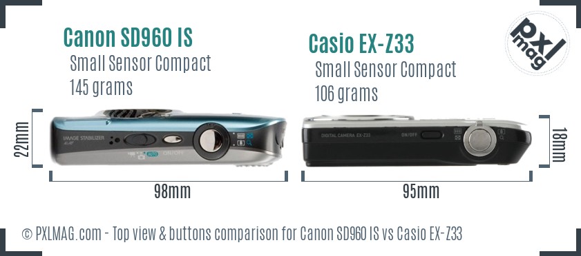 Canon SD960 IS vs Casio EX-Z33 top view buttons comparison