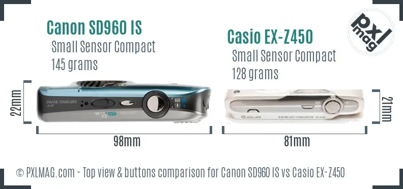 Canon SD960 IS vs Casio EX-Z450 top view buttons comparison