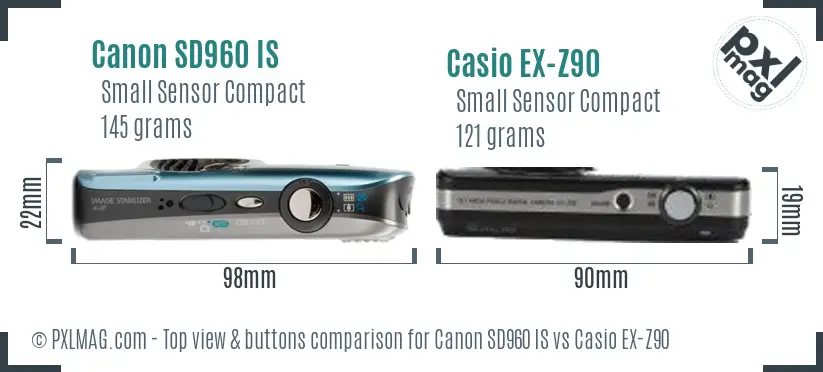 Canon SD960 IS vs Casio EX-Z90 top view buttons comparison
