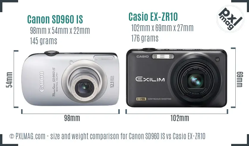 Canon SD960 IS vs Casio EX-ZR10 size comparison