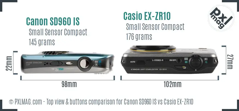 Canon SD960 IS vs Casio EX-ZR10 top view buttons comparison