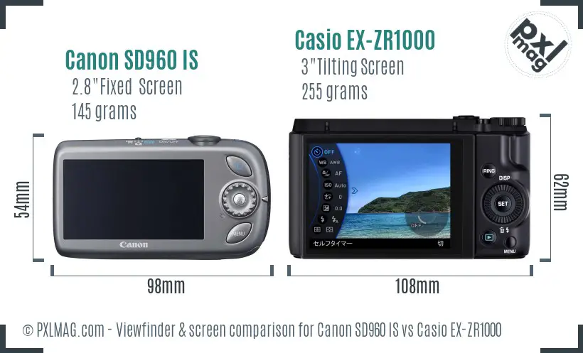 Canon SD960 IS vs Casio EX-ZR1000 Screen and Viewfinder comparison