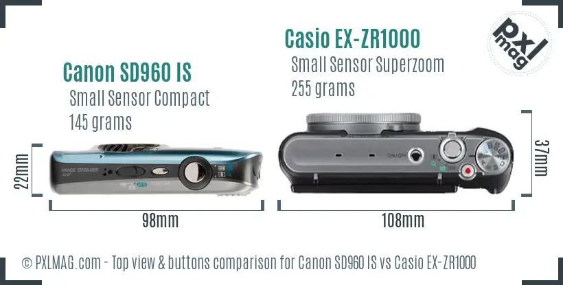 Canon SD960 IS vs Casio EX-ZR1000 top view buttons comparison