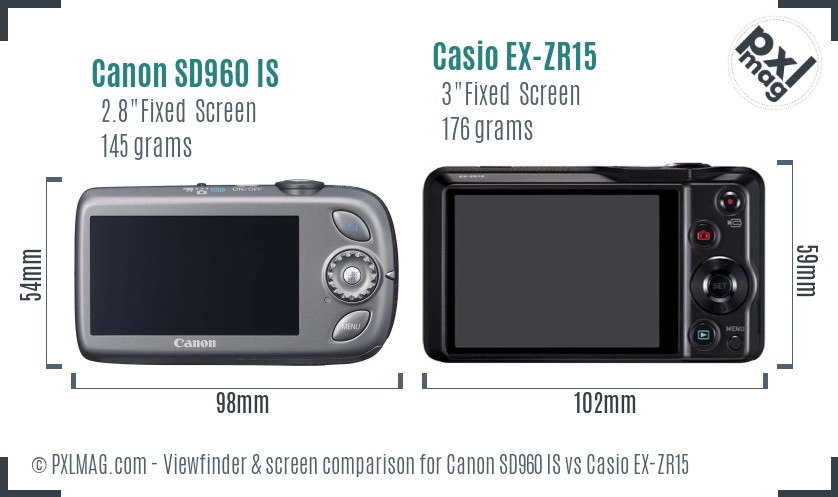 Canon SD960 IS vs Casio EX-ZR15 Screen and Viewfinder comparison