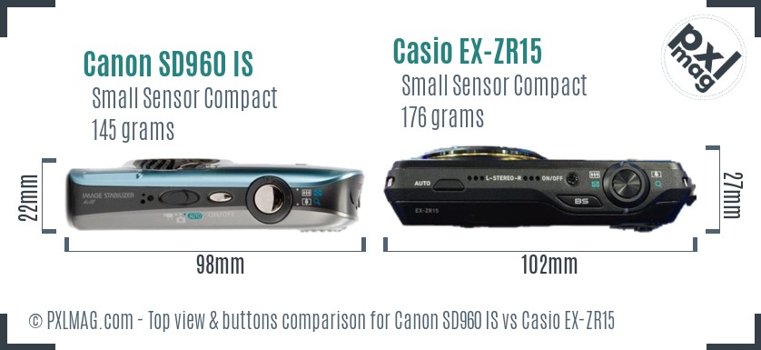 Canon SD960 IS vs Casio EX-ZR15 top view buttons comparison