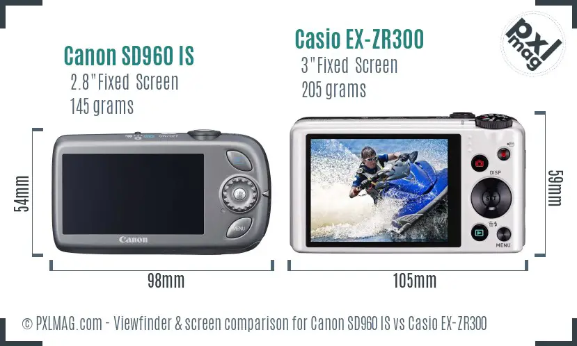 Canon SD960 IS vs Casio EX-ZR300 Screen and Viewfinder comparison