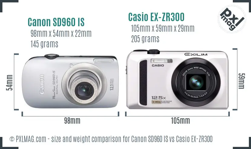 Canon SD960 IS vs Casio EX-ZR300 size comparison